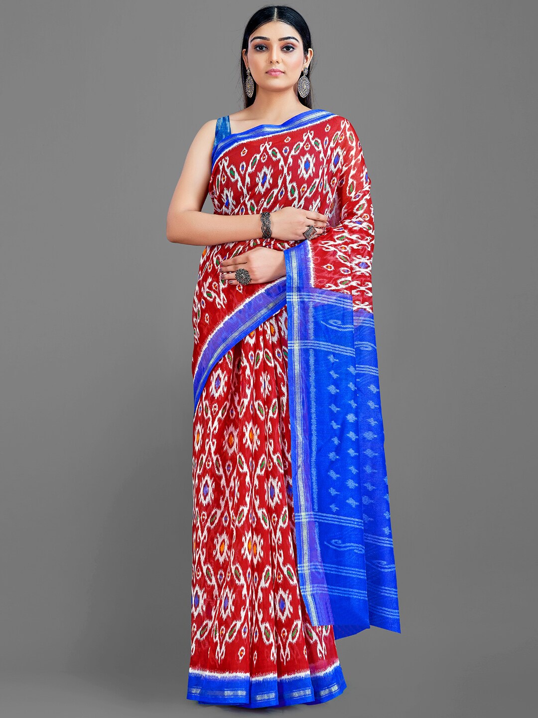 

HRITIKA Red & Blue Ethnic Motifs Ikat Printed Saree