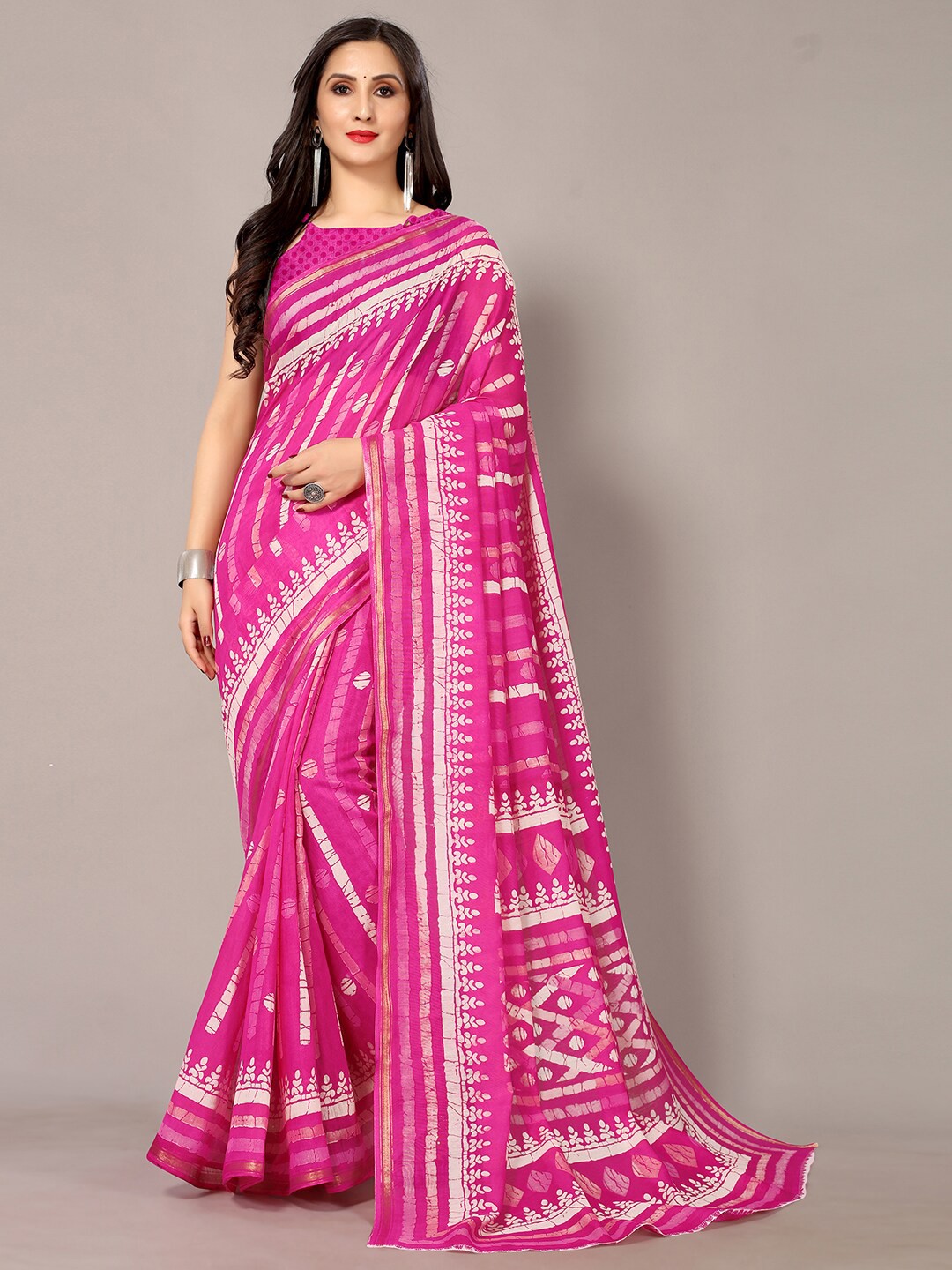 

HRITIKA Pink & White Geometric Zari Block Print Saree