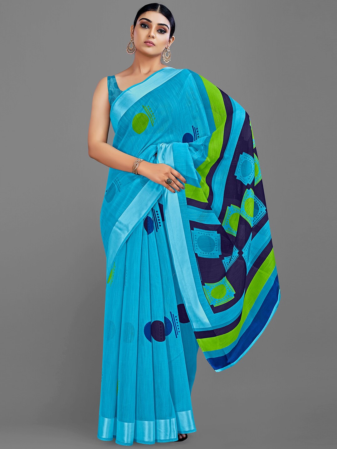 

HRITIKA Blue & Green Zari Block Print Saree