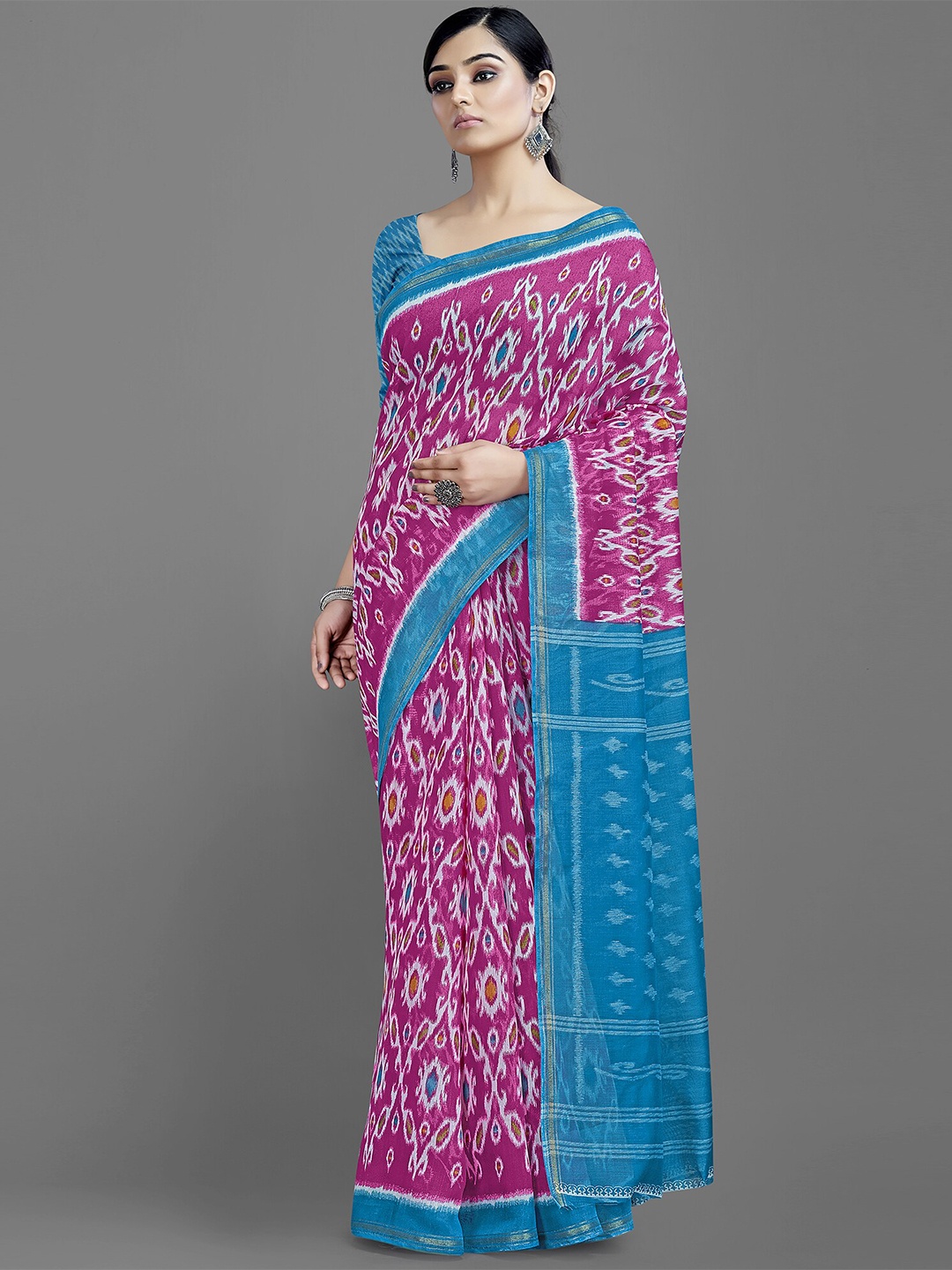 

HRITIKA Magenta & Blue Ethnic Motifs Zari Cotton Blend Ikat Saree