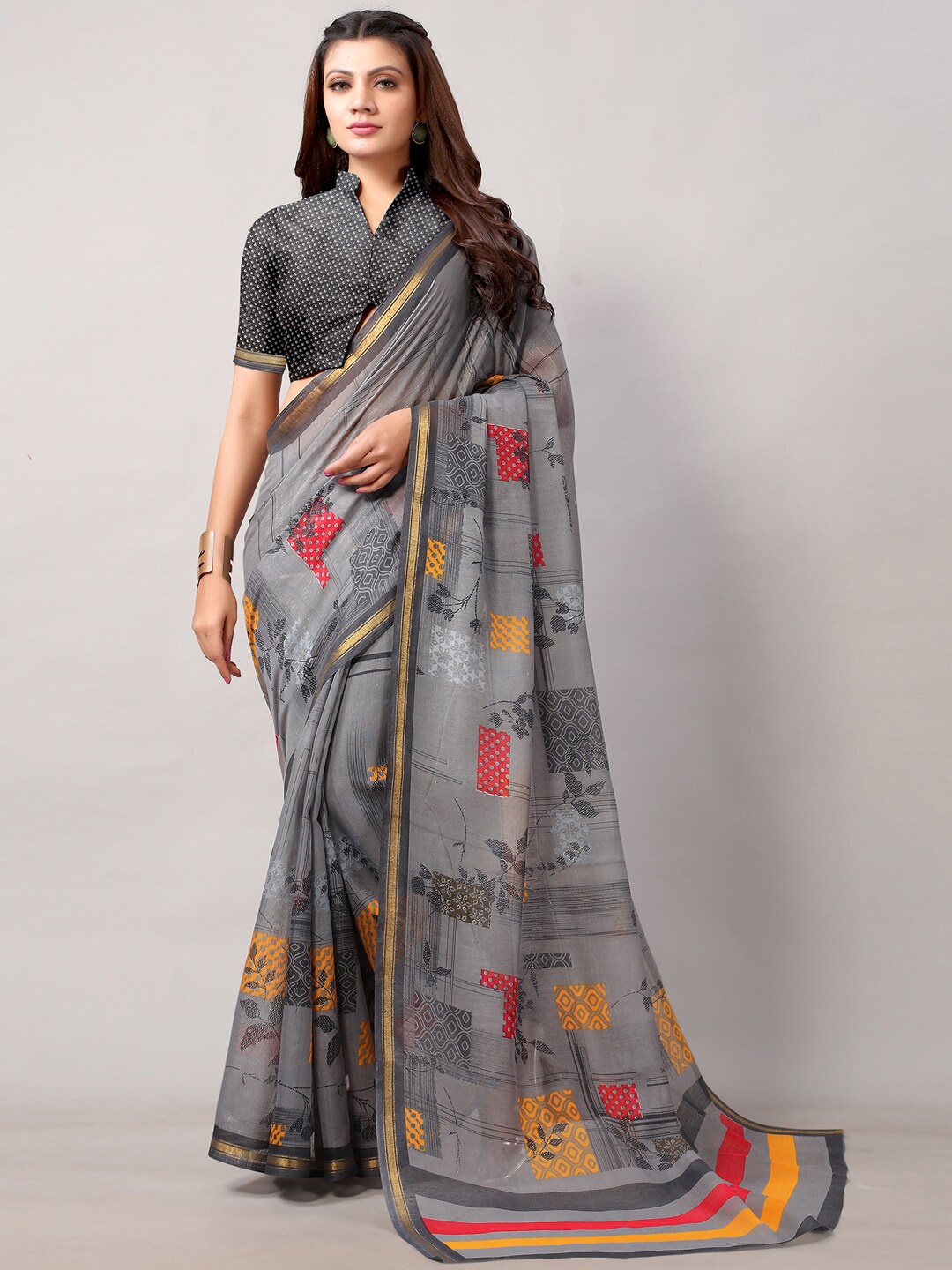 

HRITIKA Grey & Golden Ethnic Motifs Zari Block Print Saree