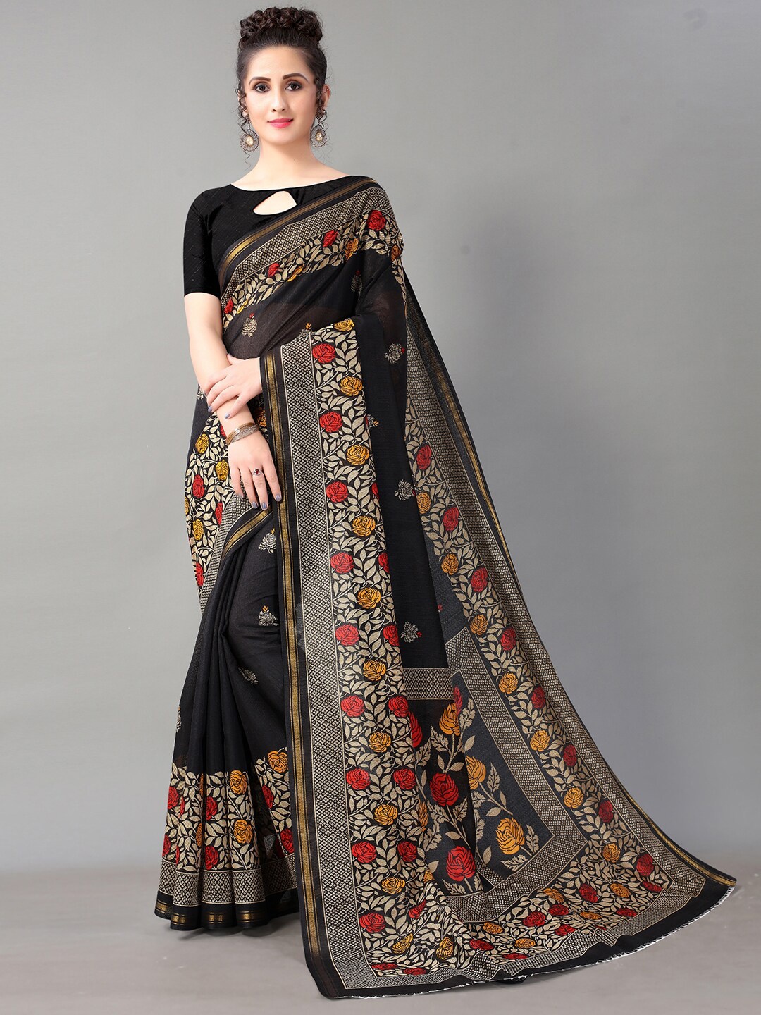 

HRITIKA Black & Red Floral Printed Zari Mysore Silk Saree