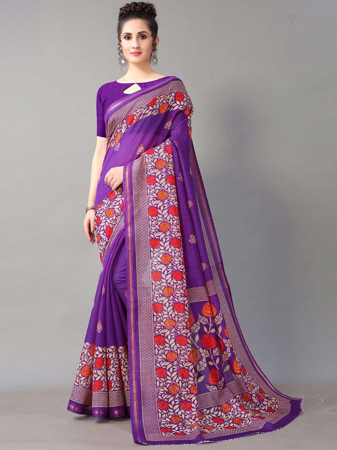 

HRITIKA Violet & Orange Floral Zari Art Silk Mysore Silk Saree