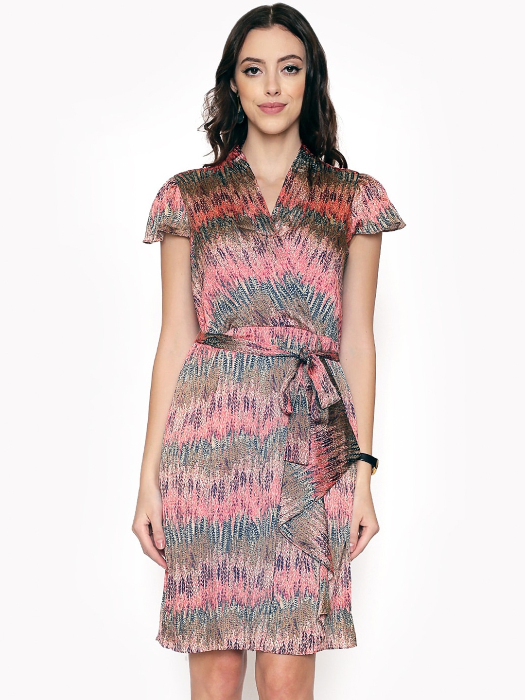 

250 DESIGNS Pink Abstract Printed Wrap Dress