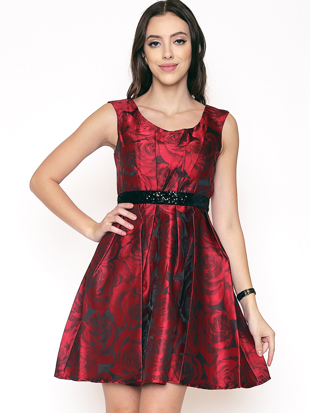 

250 DESIGNS Red Floral Embellished Dress