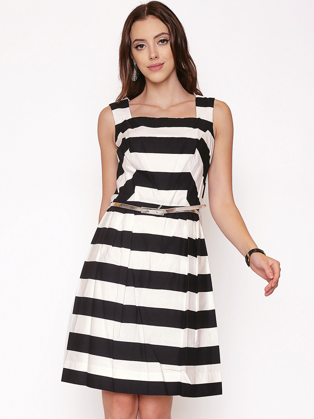 

250 DESIGNS Black & White Striped A-Line Dress