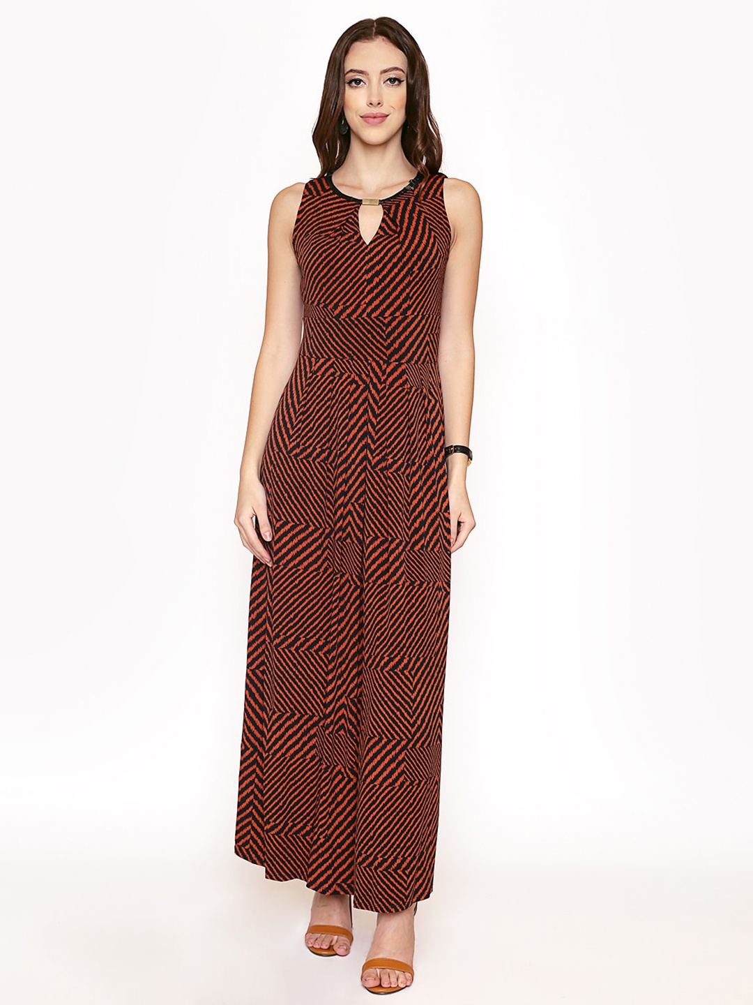 

250 DESIGNS Brown & Black Printed Keyhole Neck Maxi Dress