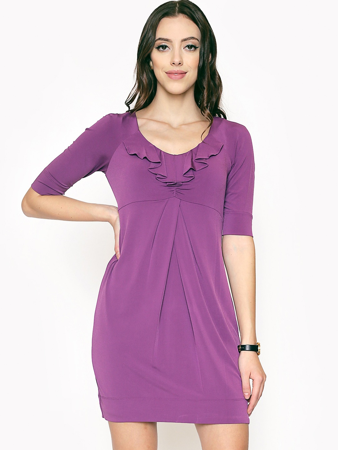 

250 DESIGNS Purple V Neck Ruffled Detail Sheath Dress