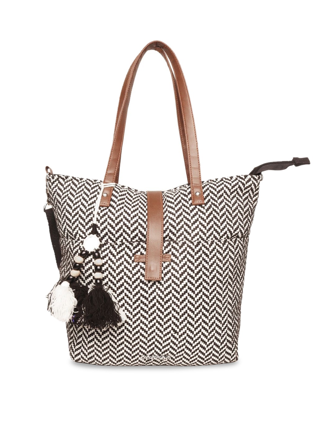 

ASTRID Black & Off-White Textured Oversized Shopper Tasselled Tote Bag