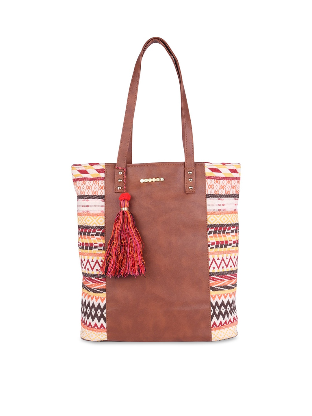 

ASTRID Multicoloured Oversized Shopper Shoulder Bag with Tasselled, Brown
