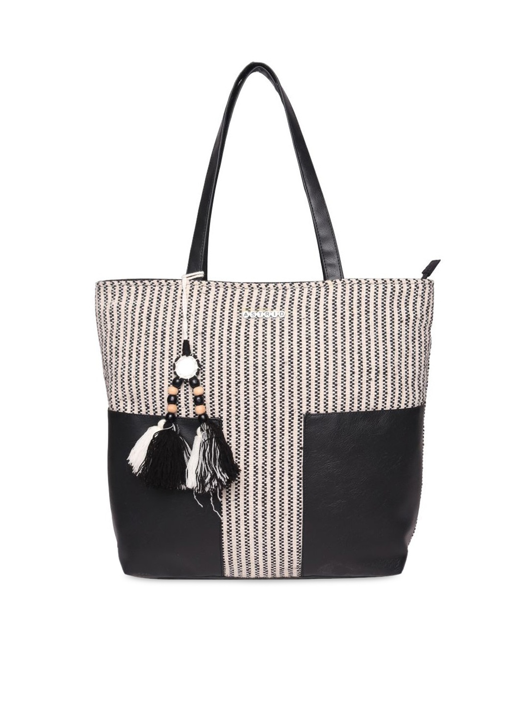 

ASTRID Cream-Coloured Striped Oversized Shopper Tote Bag with Tasselled