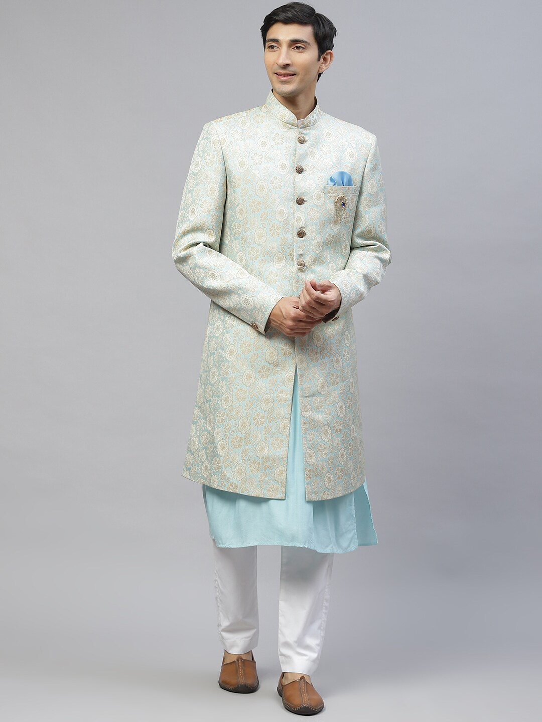 

MAXENCE Men Blue & Cream-Colored Printed Sherwani Set