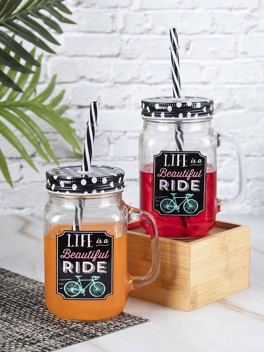 

MARKET99 Transparent & Black Set of 2 Printed Glass Glossy Mugs With Straws