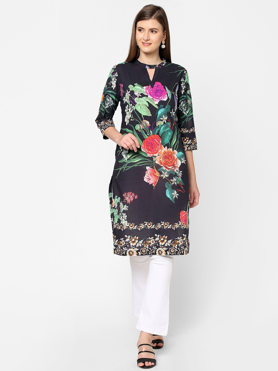 

Cloth Haus India Women Black & Green Floral Printed Keyhole Neck Pure Cotton Kurta