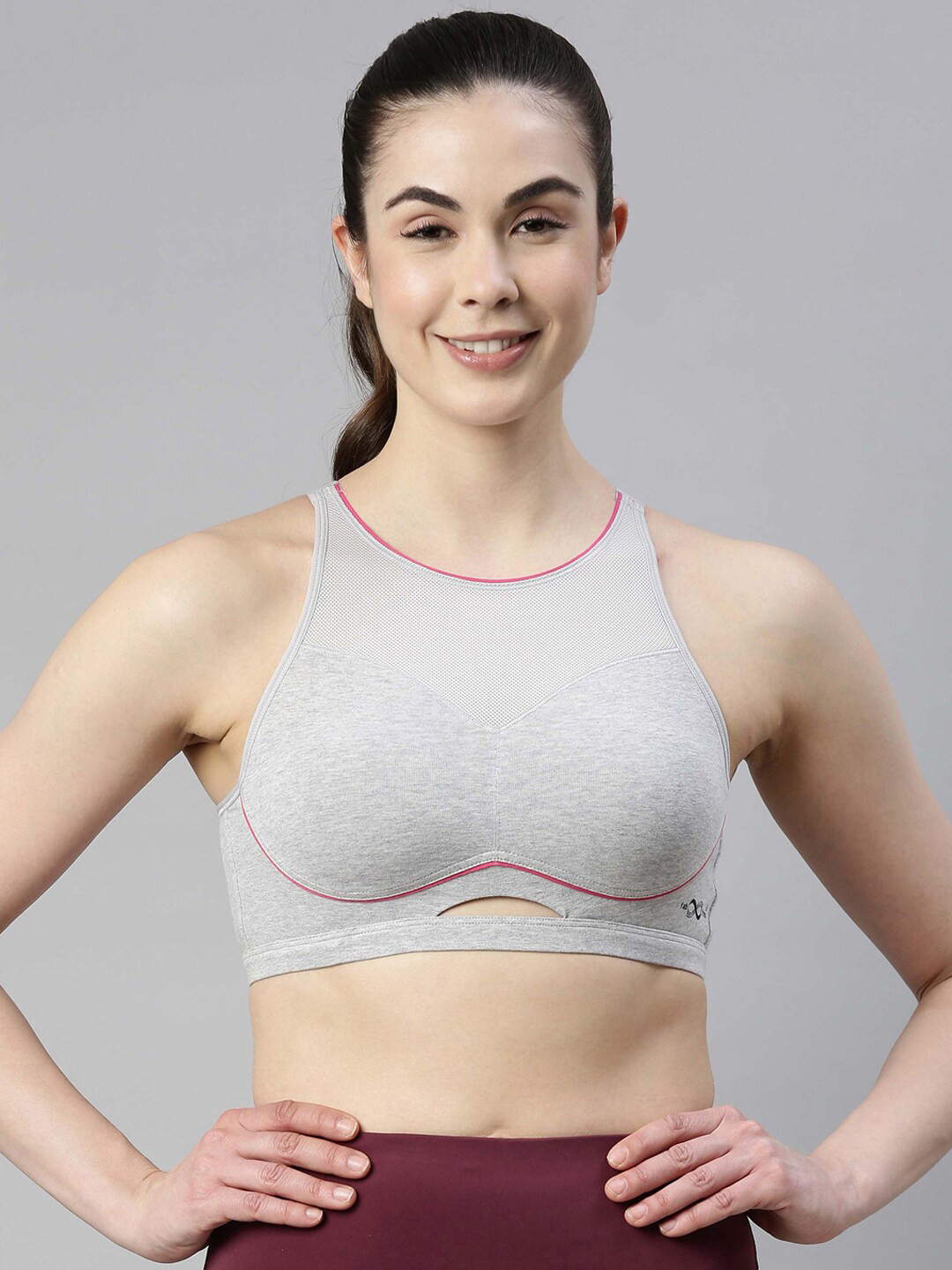 

Enamor Grey Melange Sports Bra Padded Full Coverage Contour Bounce Control Medium Impact