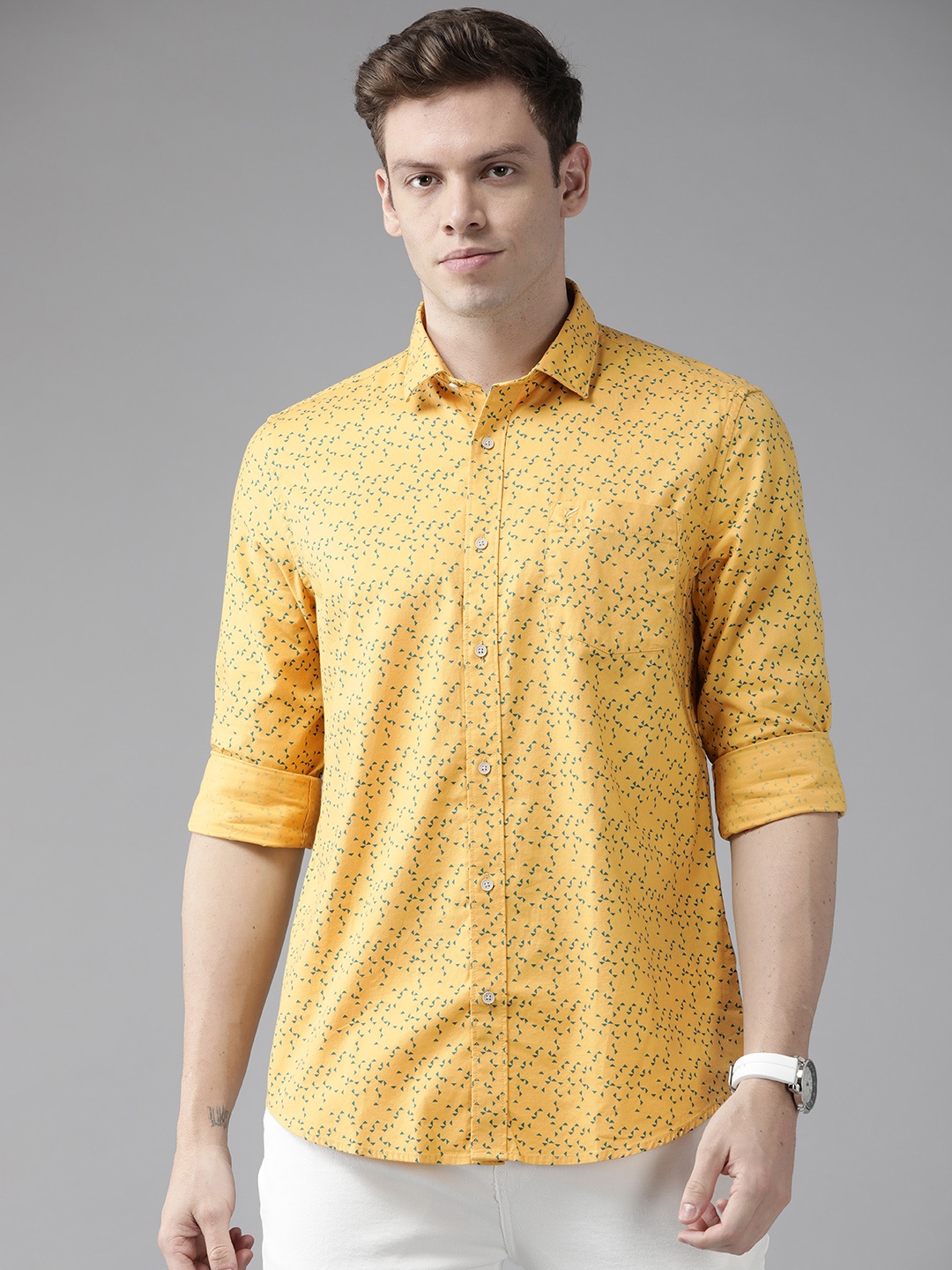 

Blackberrys Men Yellow & Teal Blue India Slim Fit Printed Casual Shirt