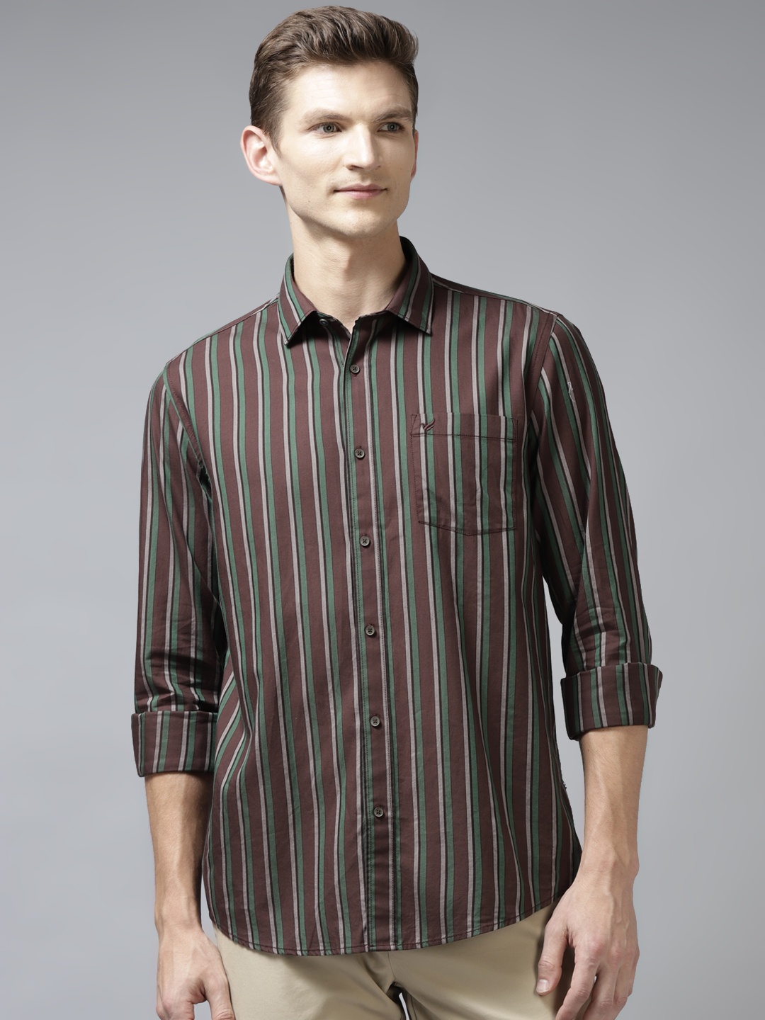 

Blackberrys Men Brown & Green Cotton India Slim Fit Striped Casual Shirt