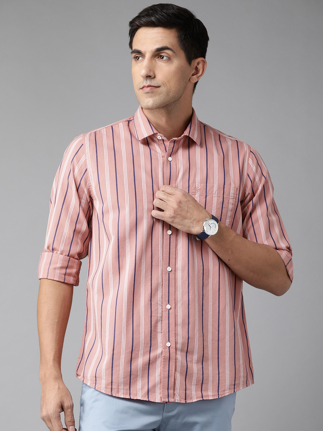 

Blackberrys Men Pink & White Pure Cotton India Slim Fit Striped Casual Shirt