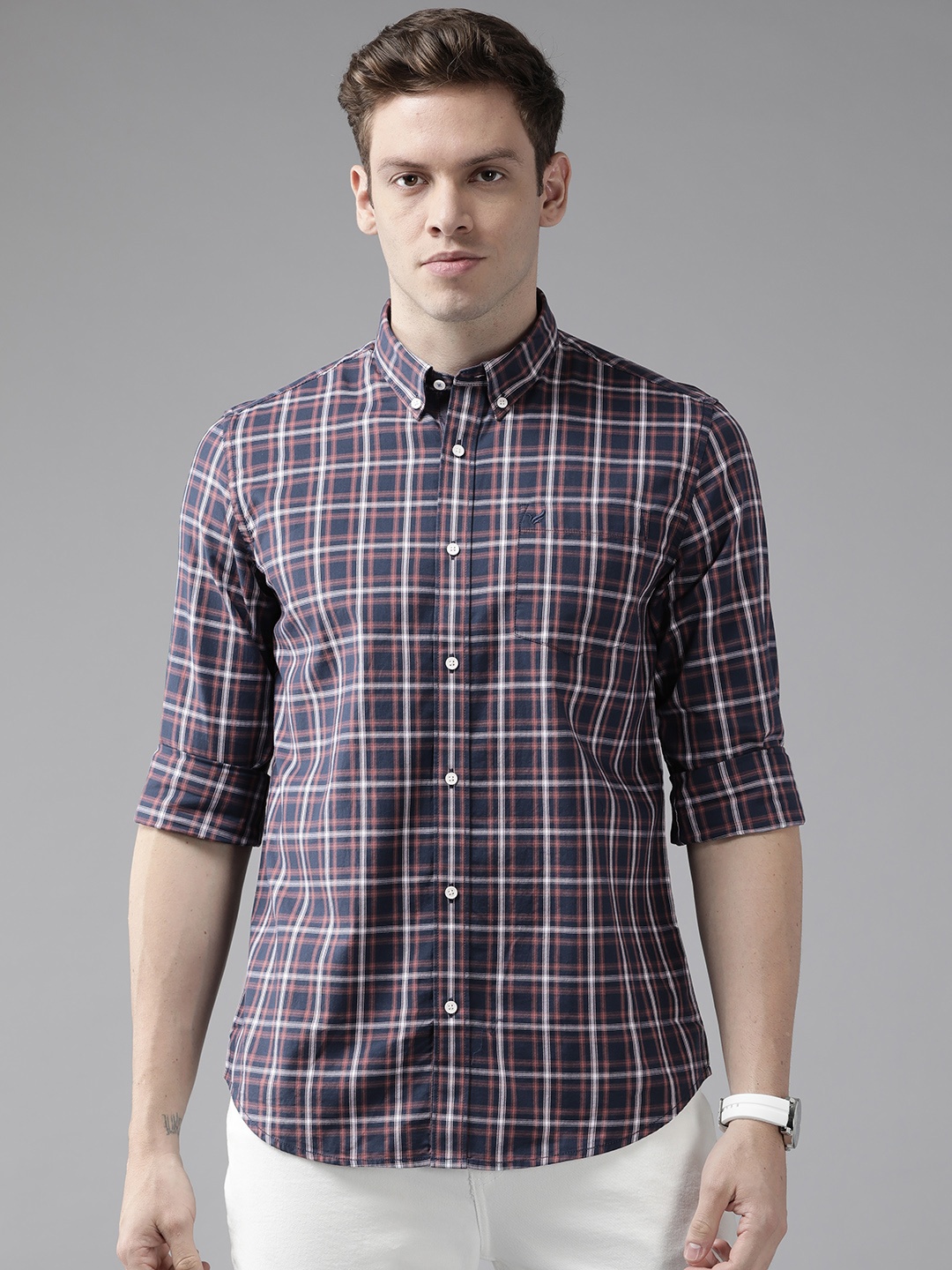 

Blackberrys Men Navy Blue & White India Slim Fit Tartan Checks Casual Shirt