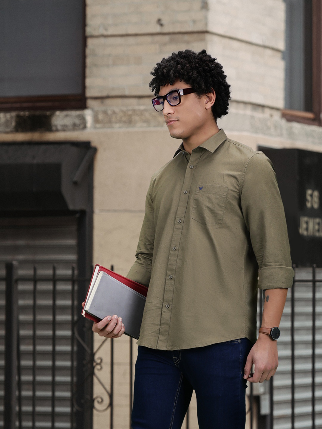 

Blackberrys Men Olive Green Cotton Linen Slim Fit Casual Shirt