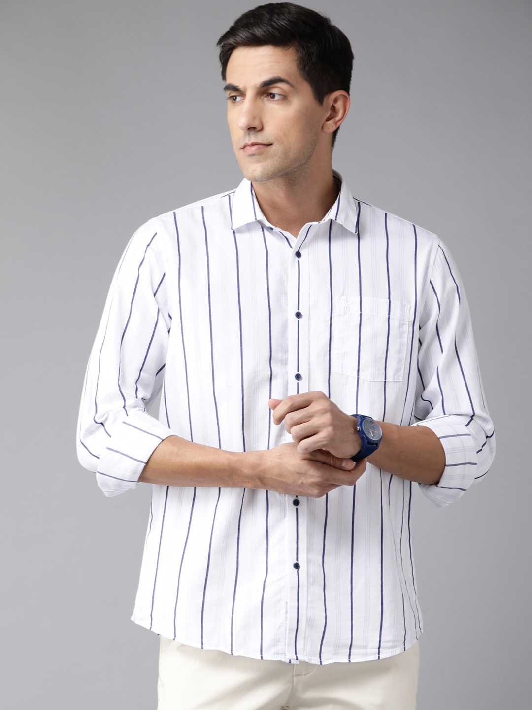 

Blackberrys Men White & Blue Pure Cotton India Slim Fit Striped Casual Shirt