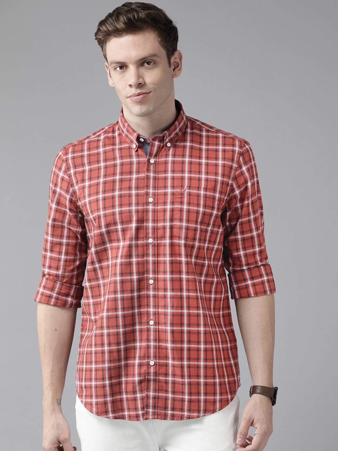 

Blackberrys Men Rust Orange & White Pure Cotton India Slim Fit Tartan Checked Casual Shirt