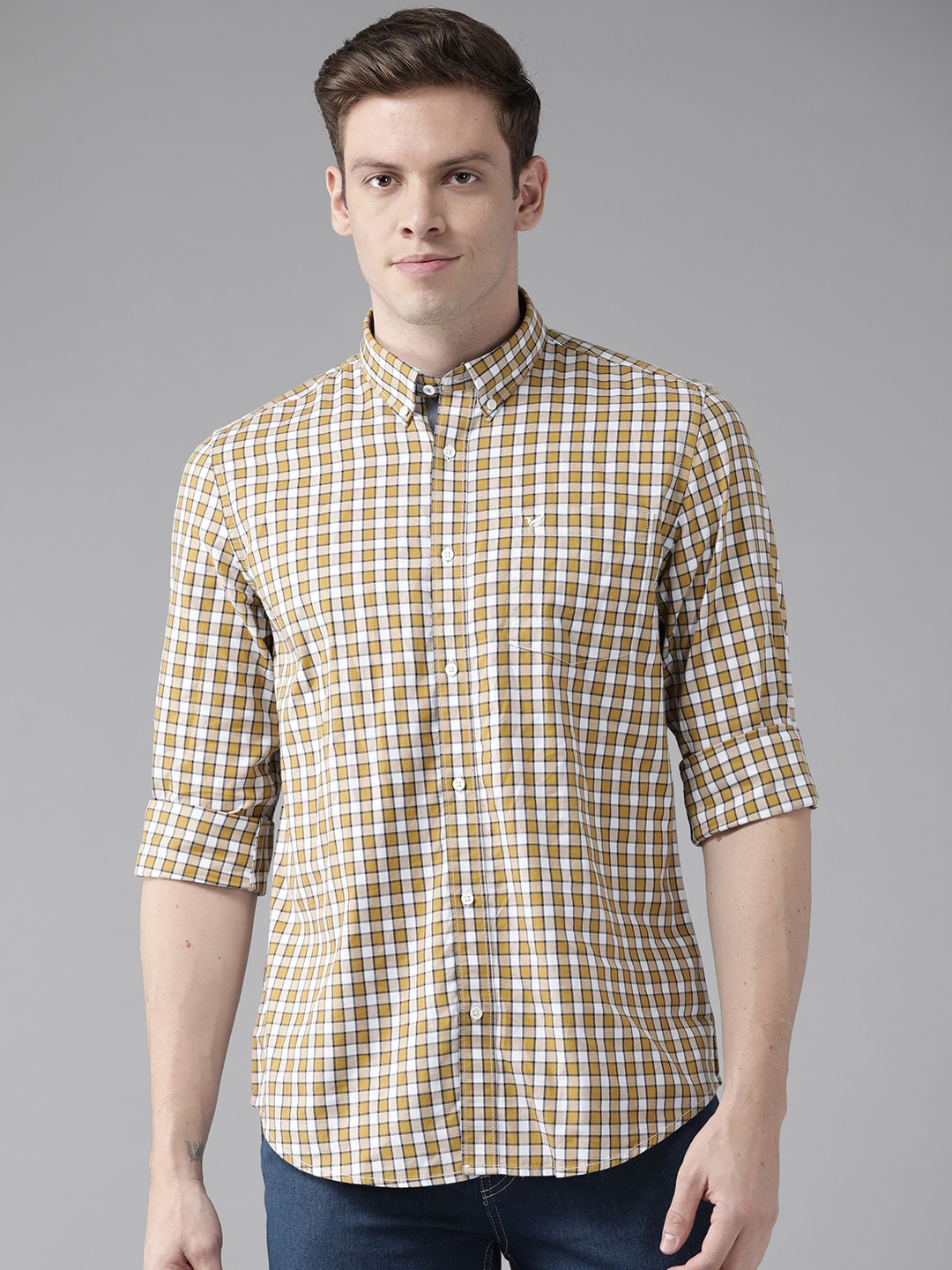 

Blackberrys Men Yellow Pure & White Cotton India Slim Fit Gingham Checked Casual Shirt