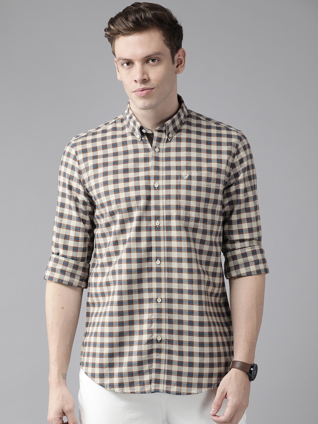 

Blackberrys Men Beige & Blue Pure Cotton India Slim Fit Gingham Checked Casual Shirt