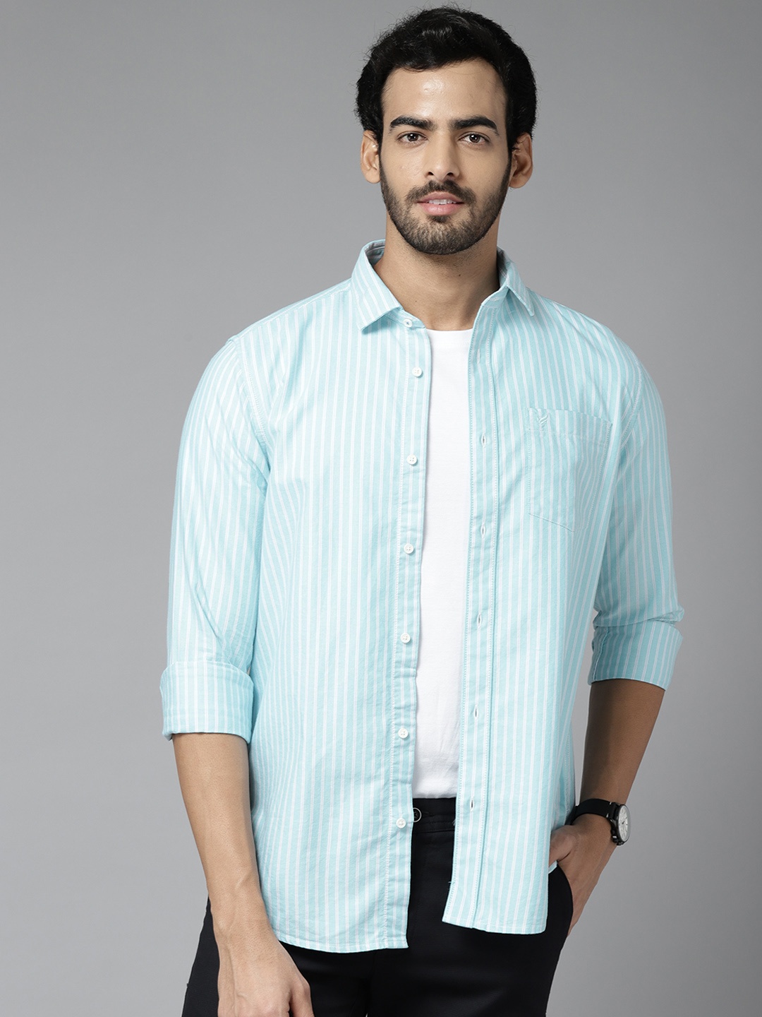 

Blackberrys Men Blue Pure Cotton India Slim Fit Striped Casual Shirt