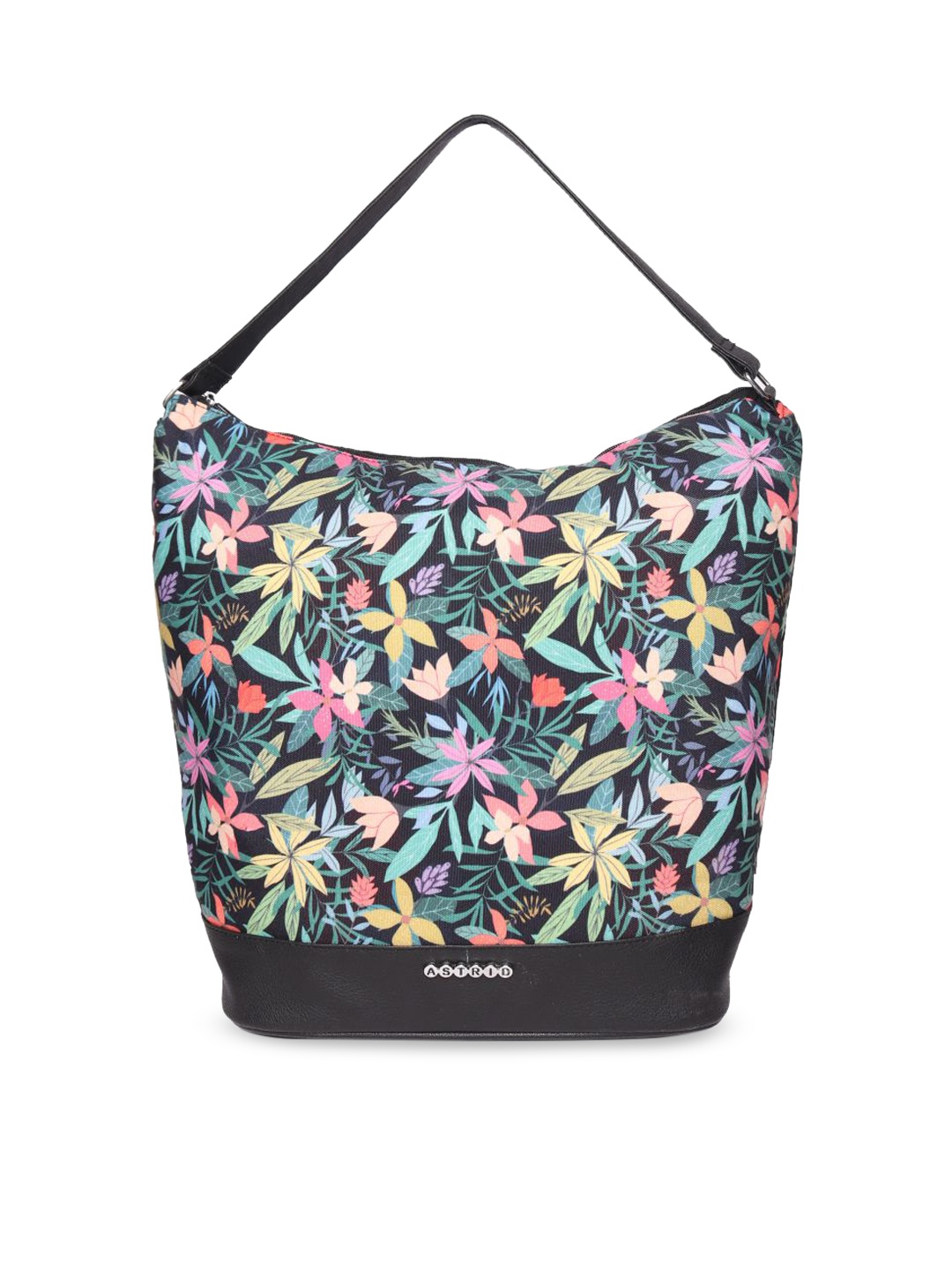 ASTRID Black & Multi-Coloure Floral Printed Oversized Structured Tote Bag