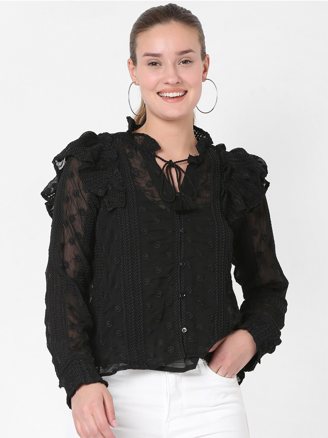 

SPYKAR Black Self Design Slim Fit Tie-Up Neck Top