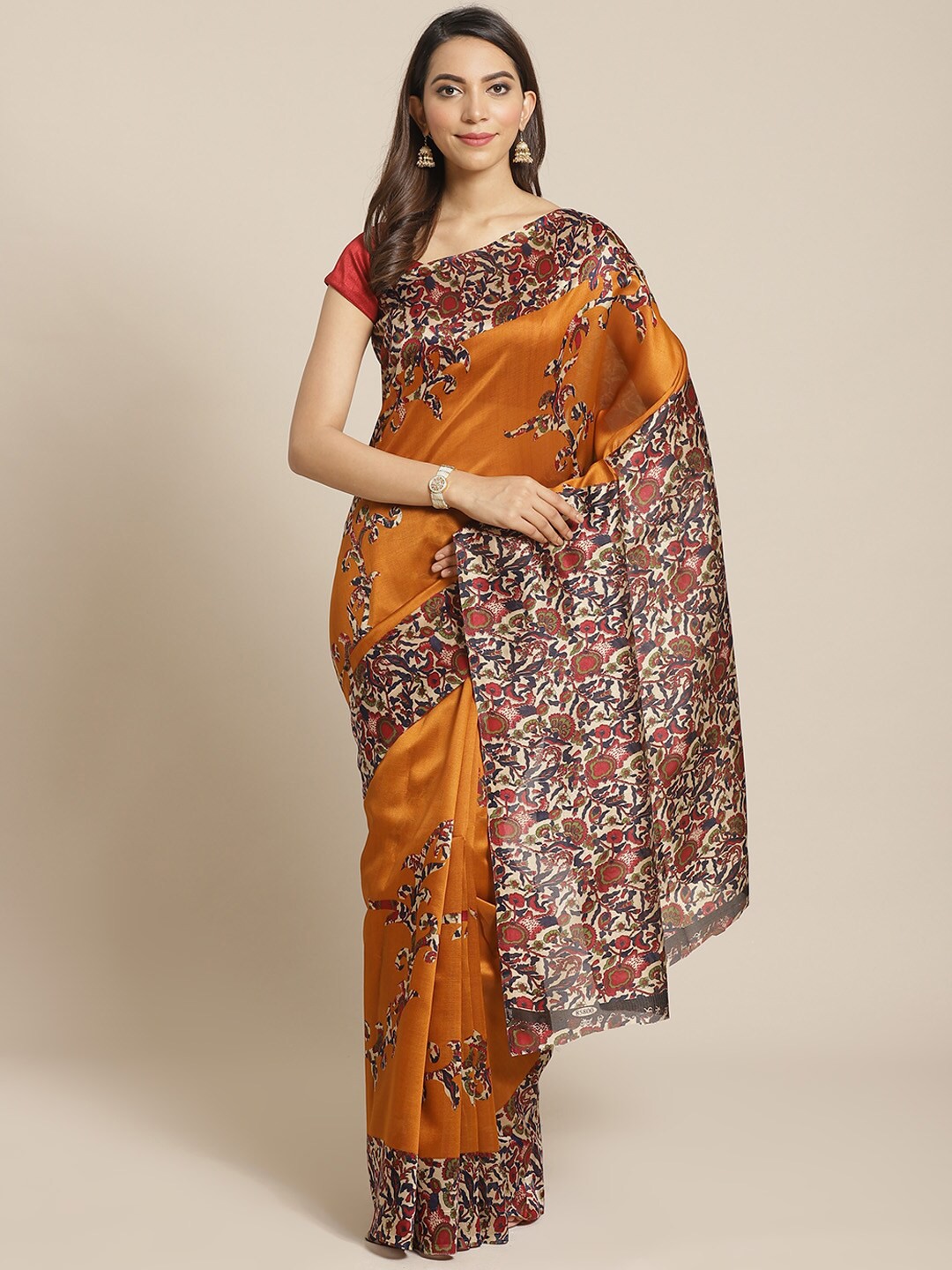 

KALINI Yellow & Brown Kalamkari Art Silk Mysore Silk Saree