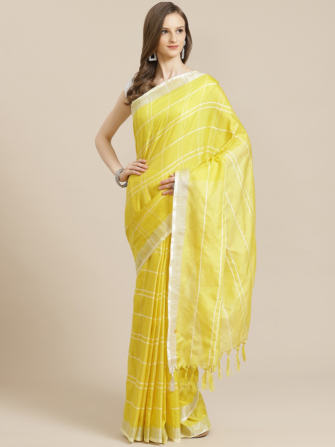 

KALINI Yellow & White Striped Pure Cotton Saree