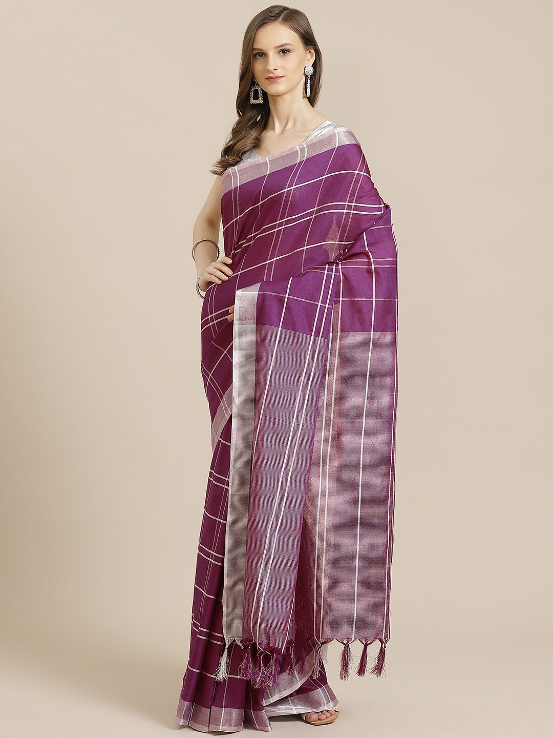 

KALINI Purple & White Checked Zari Pure Cotton Saree