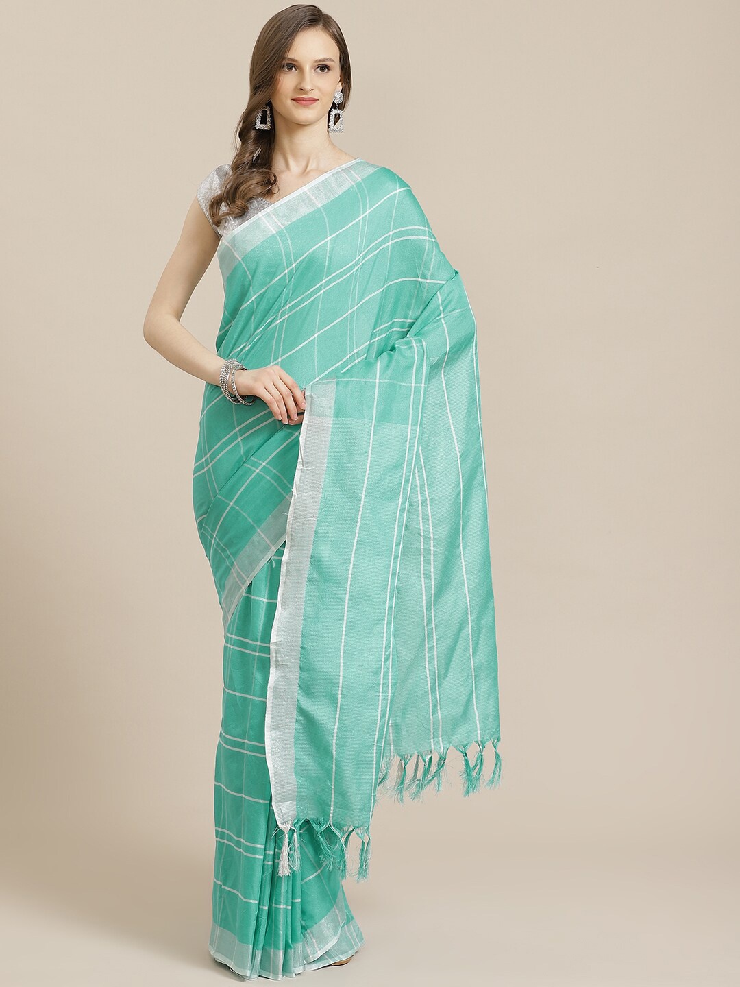 

KALINI Green & White Checked Pure Cotton Saree
