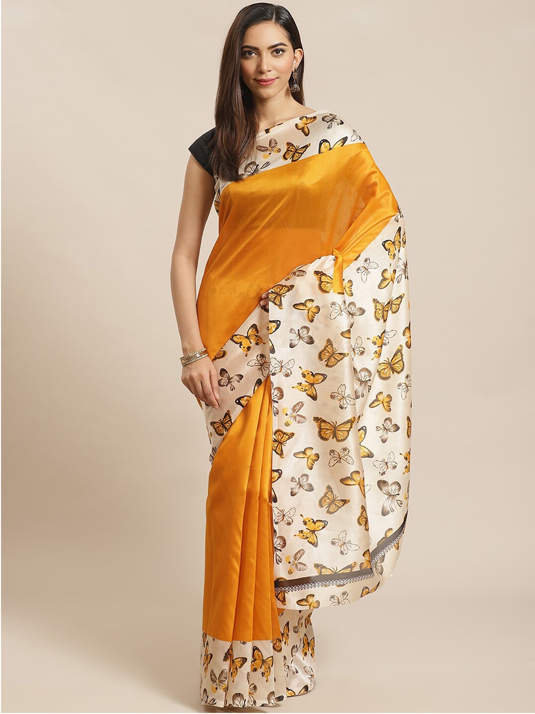 

KALINI Yellow & Cream-Coloured Printed Art Silk Mysore Silk Saree