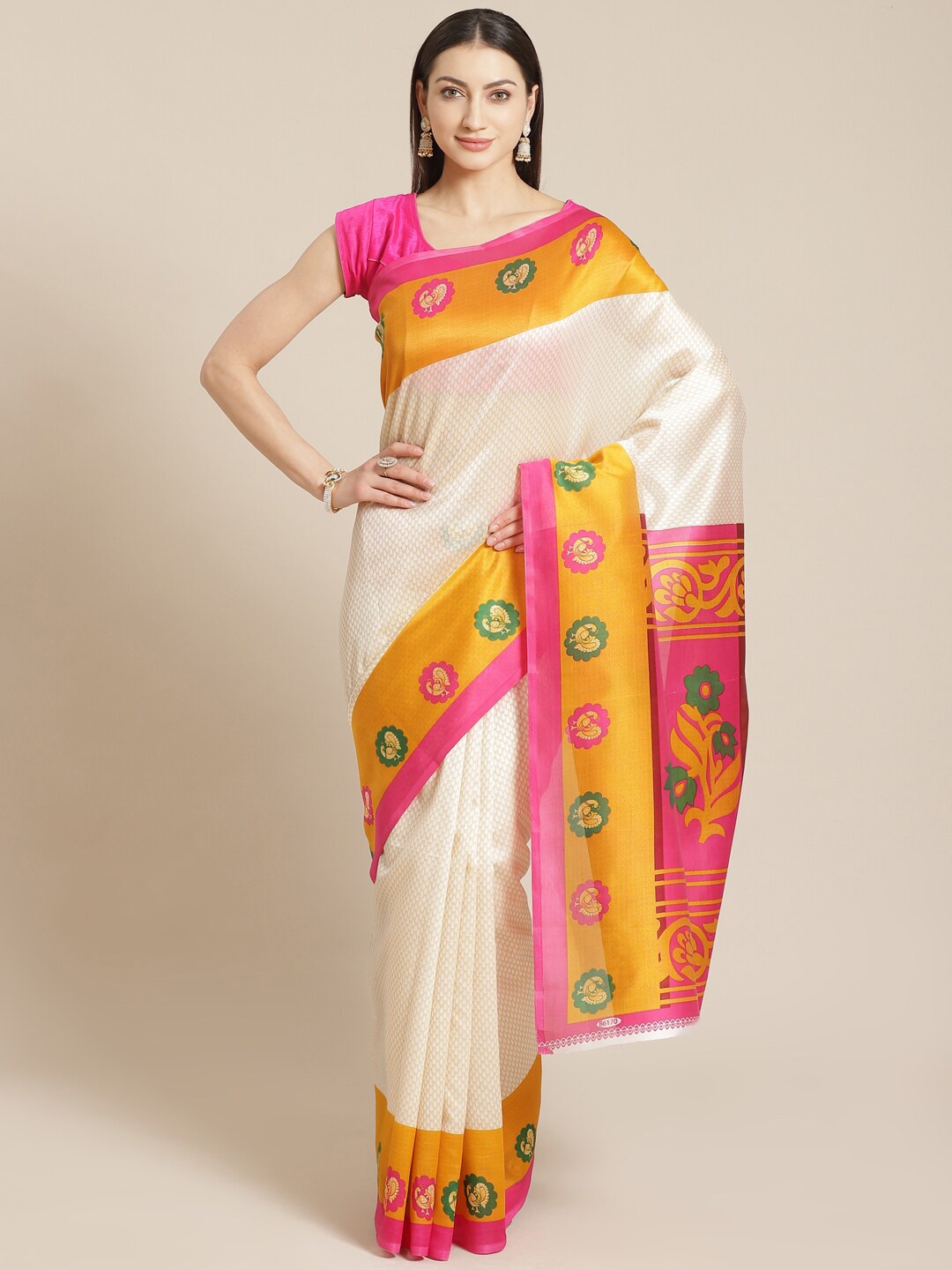 

KALINI Cream-Coloured & Pink Checked Art Silk Mysore Silk Saree