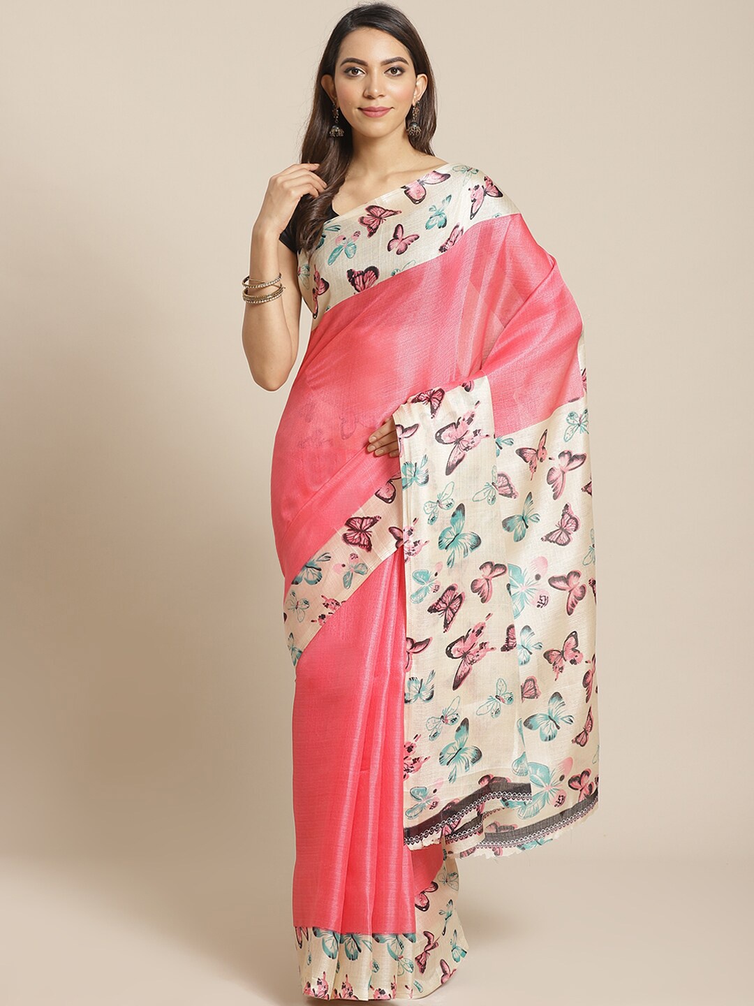 

KALINI Pink & Cream-Coloured Art Silk Mysore Silk Saree