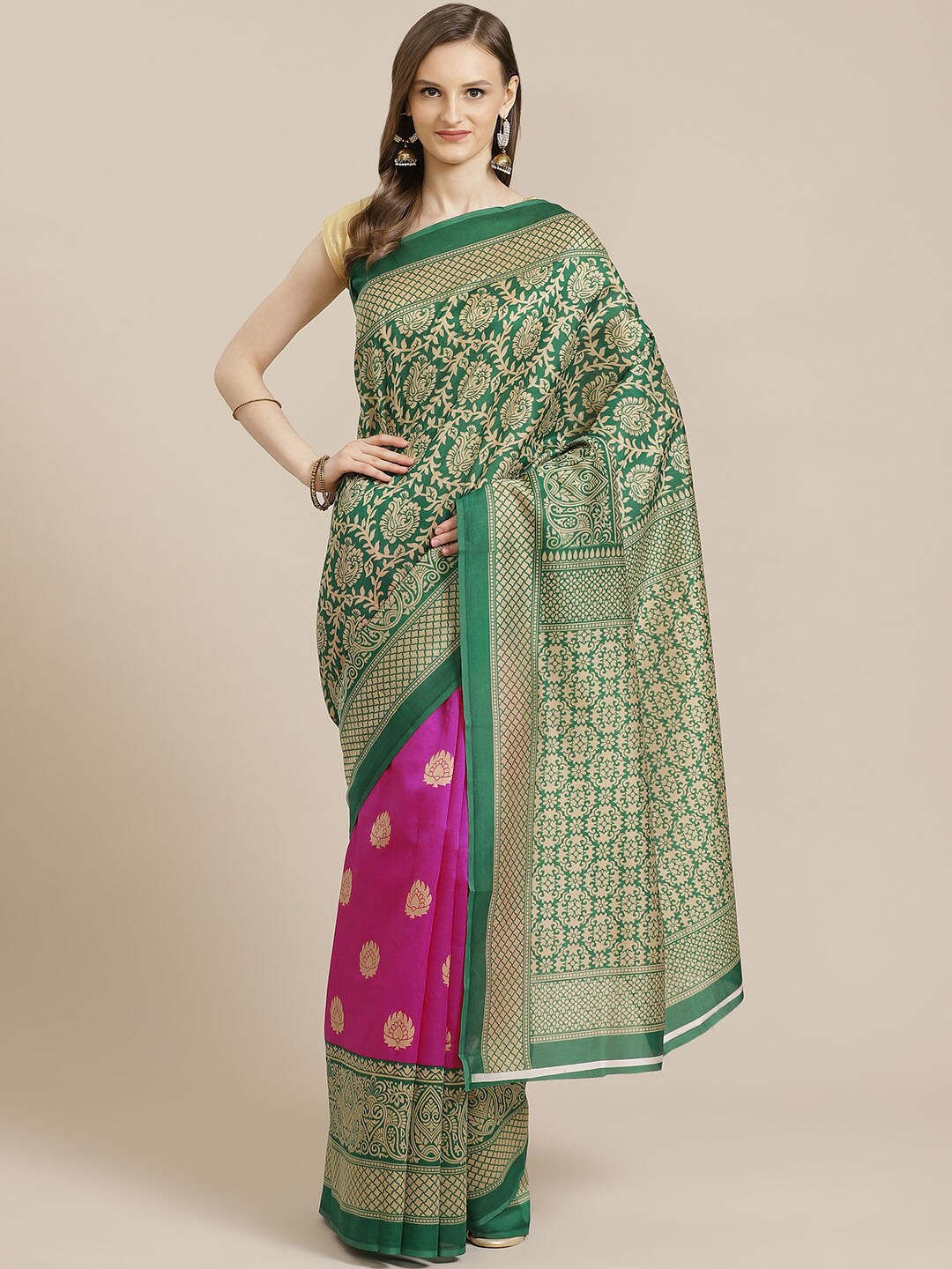 

KALINI Pink & Green Ethnic Motifs Printed Mysore Silk Saree