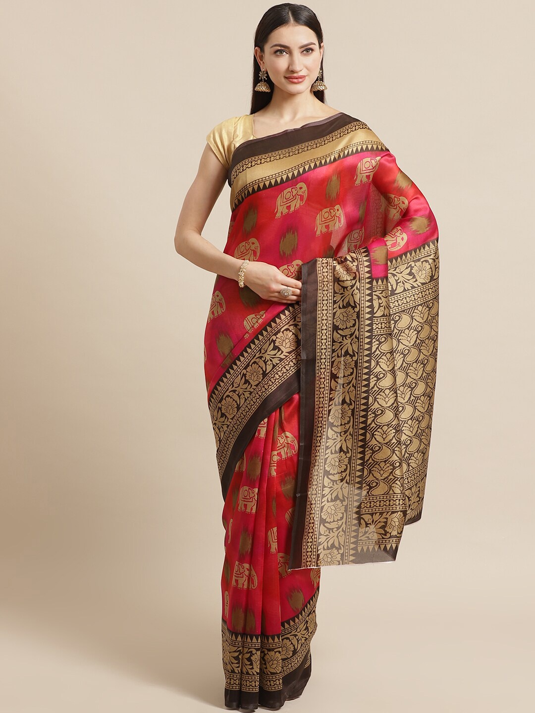 

KALINI Pink & Brown Ethnic Motifs Art Silk Mysore Silk Saree