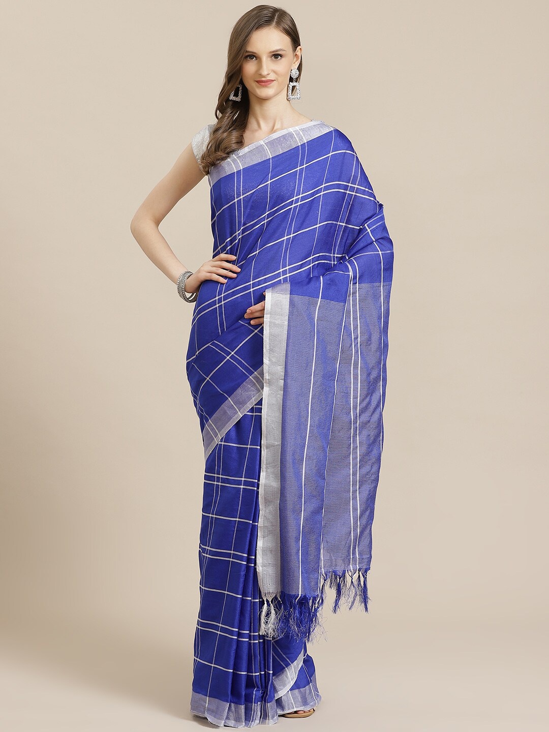 

KALINI Blue & White Checked Zari Pure Cotton Saree