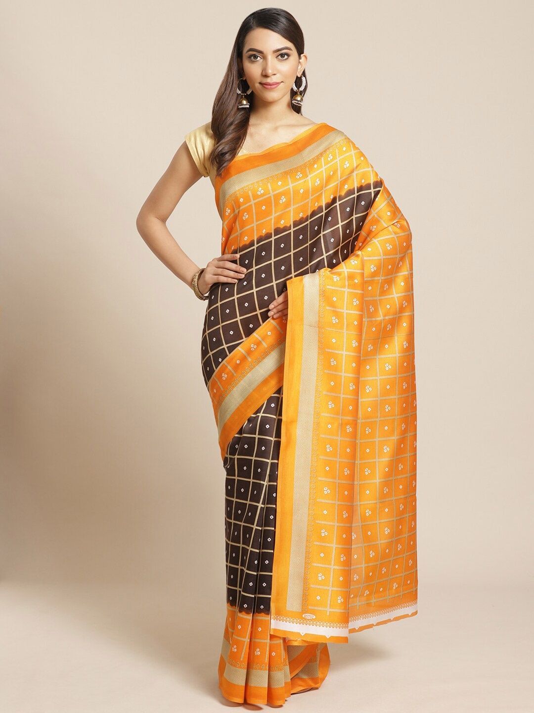 

KALINI Orange & Brown Checked Art Silk Mysore Silk Saree