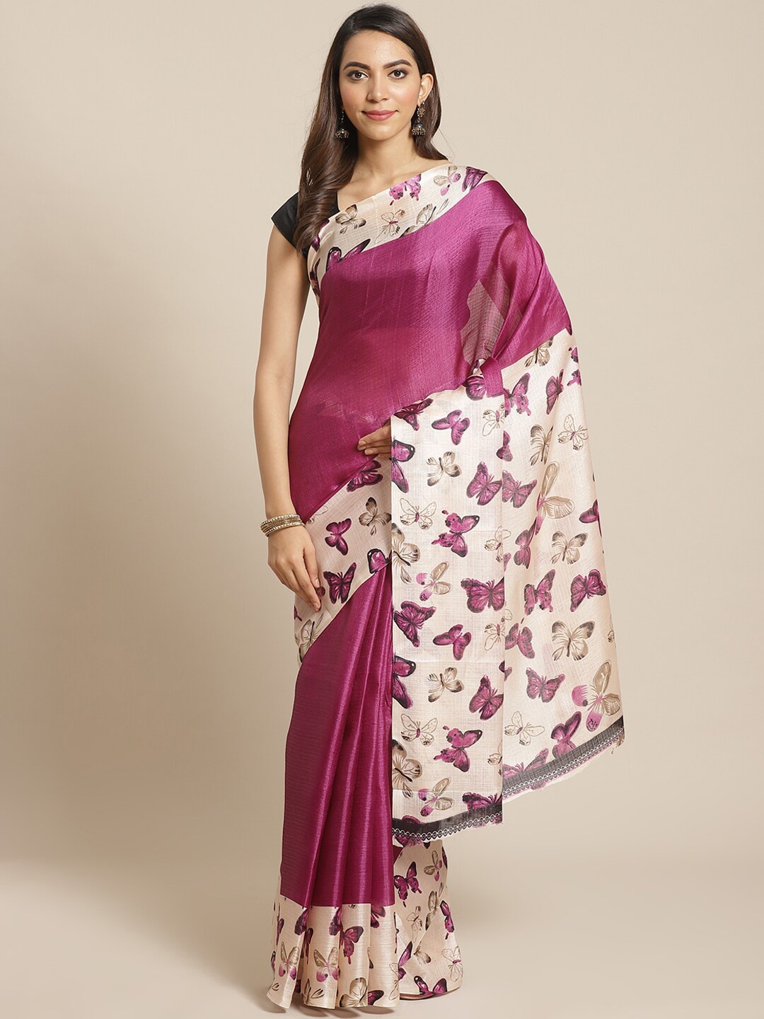 

KALINI Purple & Cream-Coloured Art Silk Mysore Silk Saree