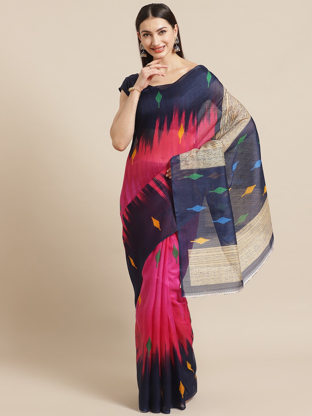 

KALINI Pink & Black Art Silk Bhagalpuri Saree