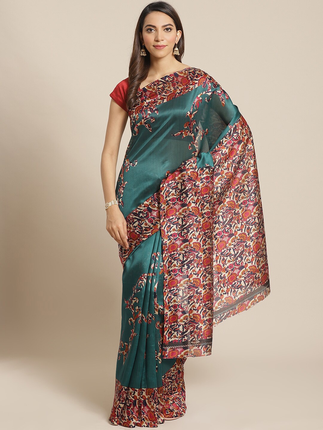 

KALINI Red & Green Kalamkari Printed Mysore Silk Saree