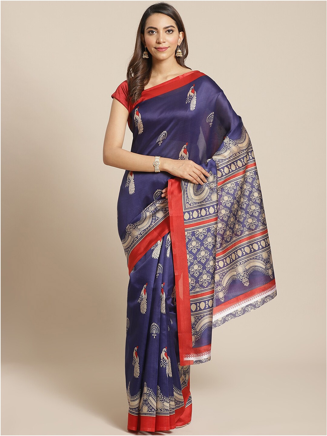 

KALINI Blue & Red Ethnic Motifs Printed Mysore Silk Saree
