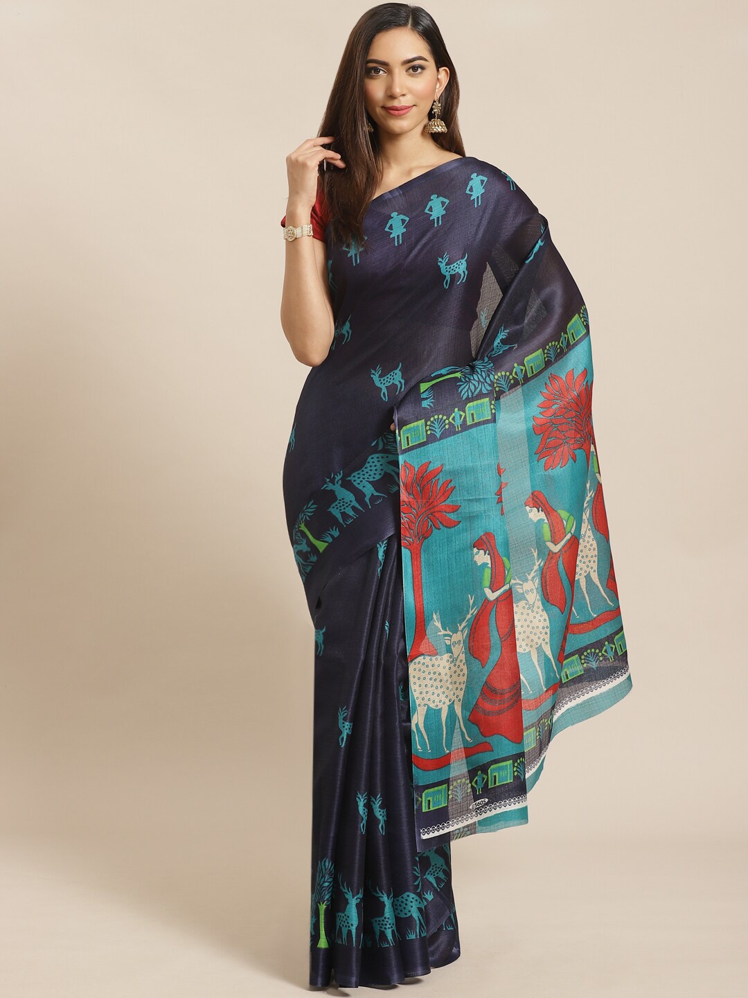 

KALINI Blue & Red Abstract Printed Saree