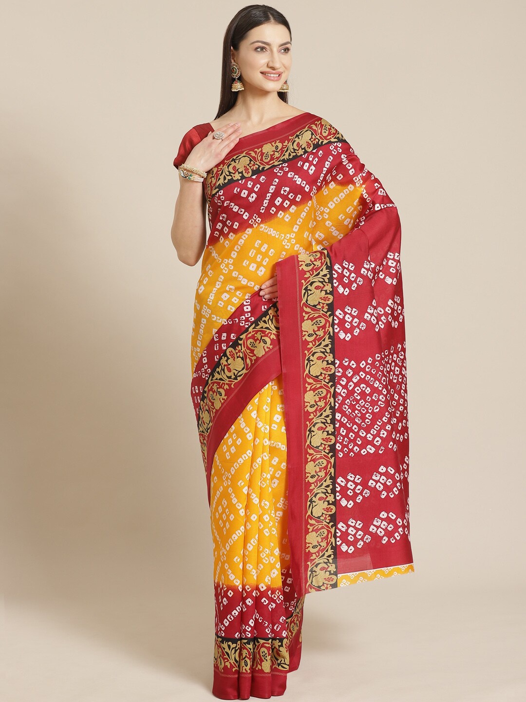 

KALINI Yellow & Red Bandhani Printed Mysore Silk Saree