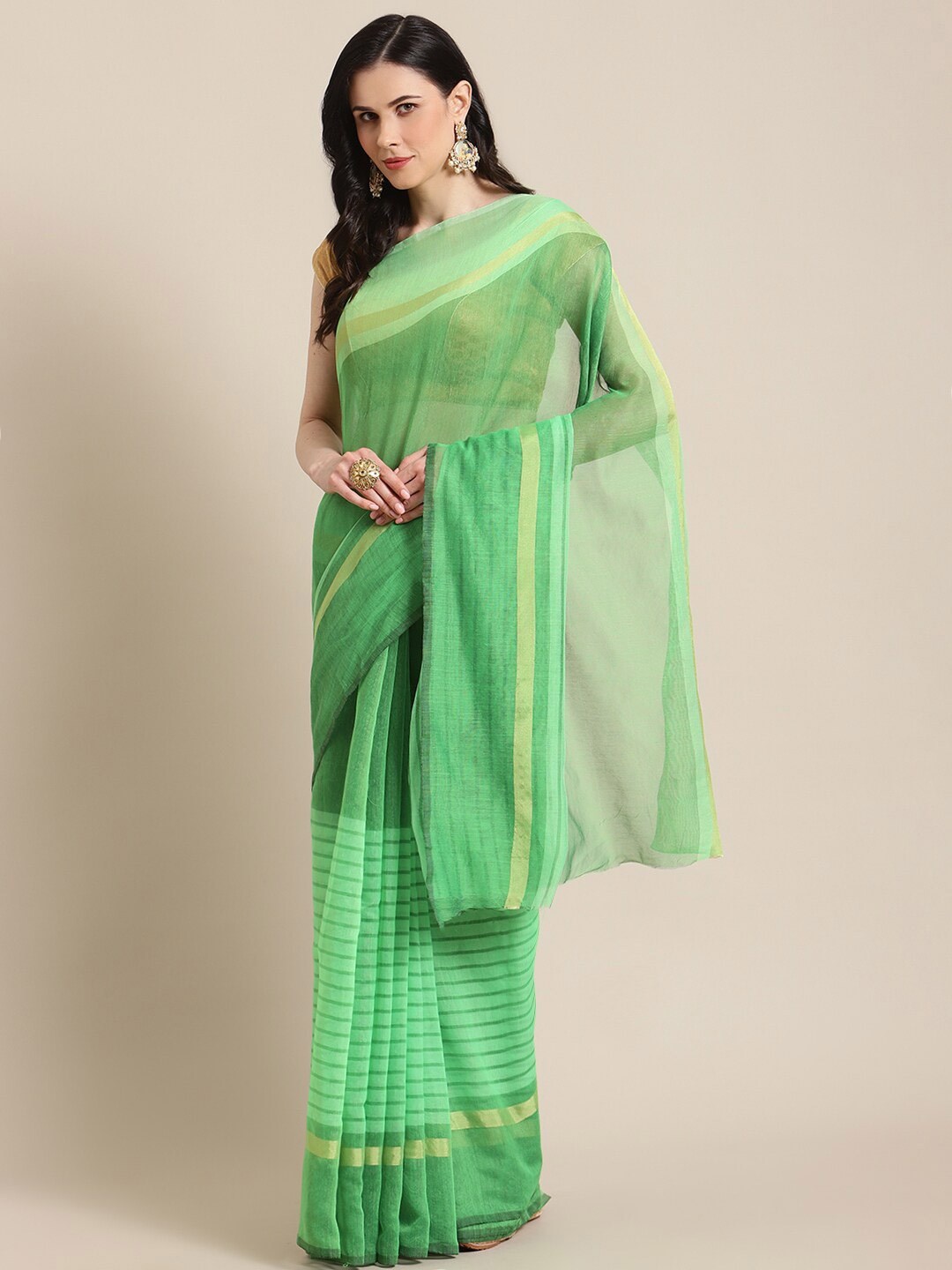 

KALINI Green & Gold-Toned Zari Pure Cotton Saree