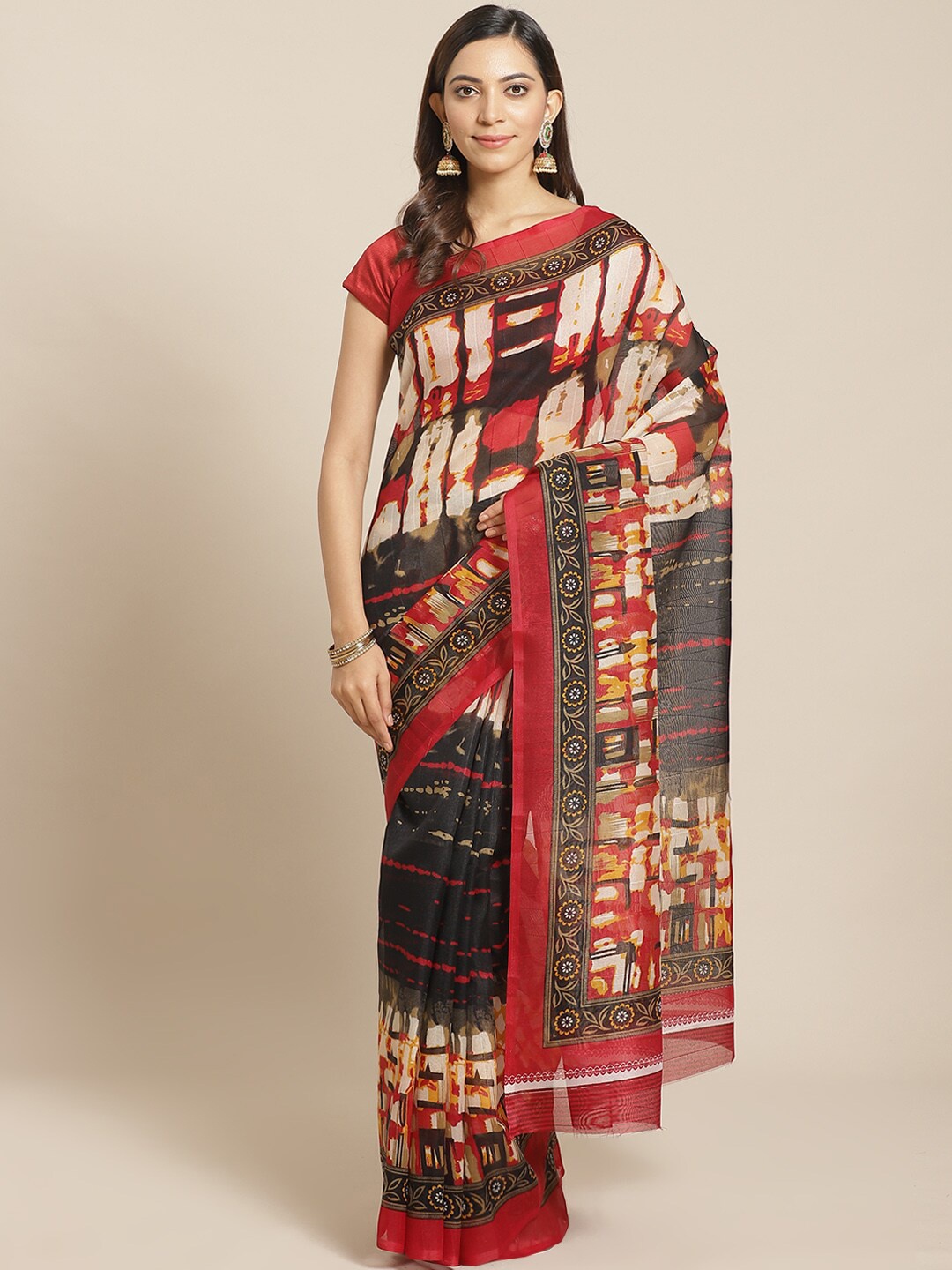 

KALINI Red & Yellow Floral Printed Bhagalpuri Saree